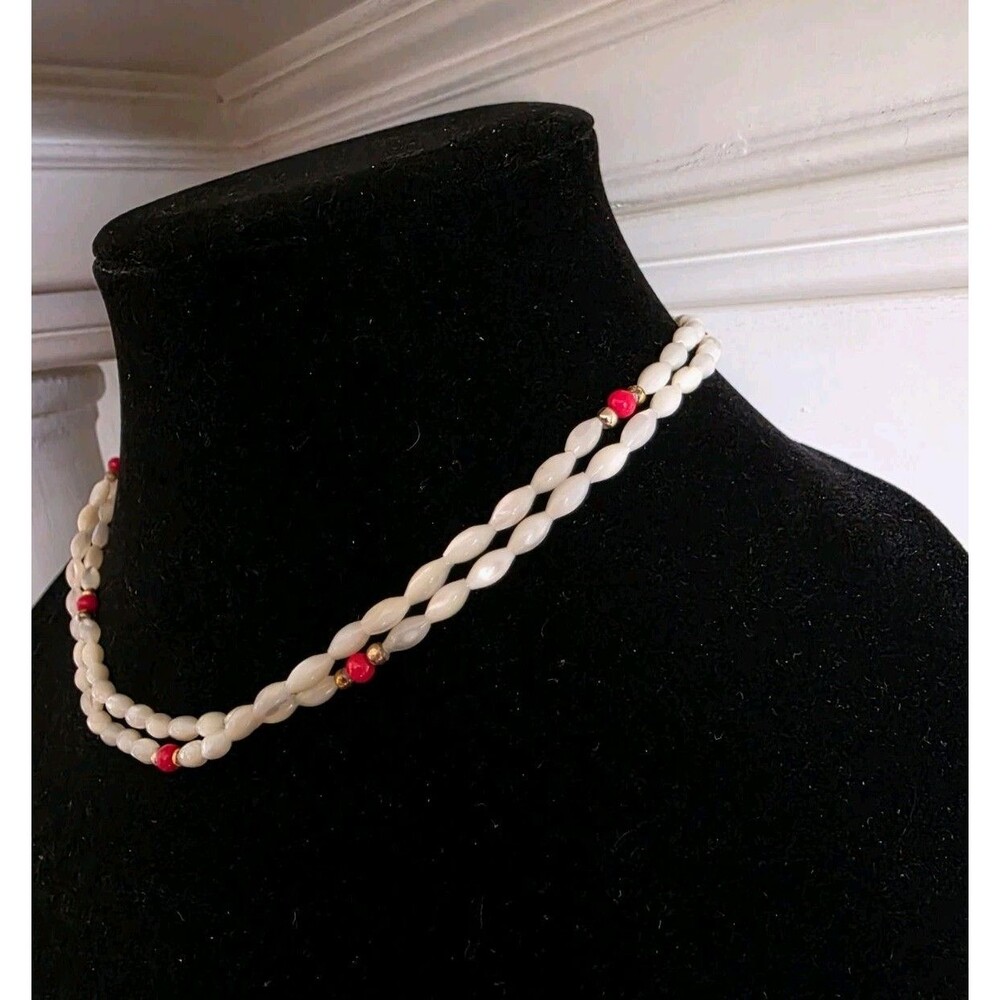 Vintage Mother of Pearl? Rice Bead Necklace Long Strand Red Gold Accent 18"